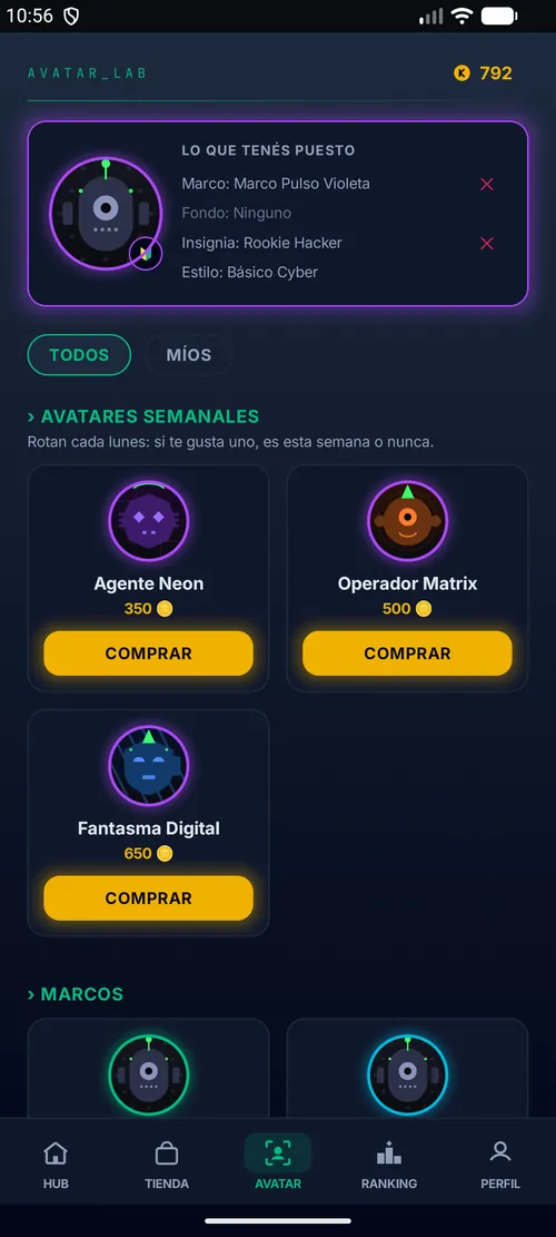 La tienda de avatares y marcos, que se compran con las monedas que se ganan jugando