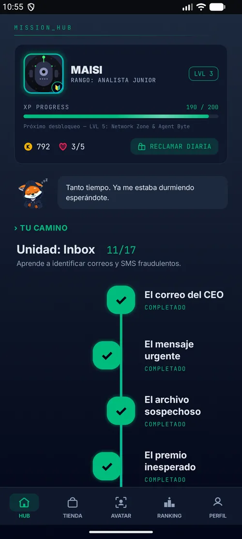 El camino de misiones de la unidad Inbox, con cuatro misiones completadas y el nivel del jugador arriba