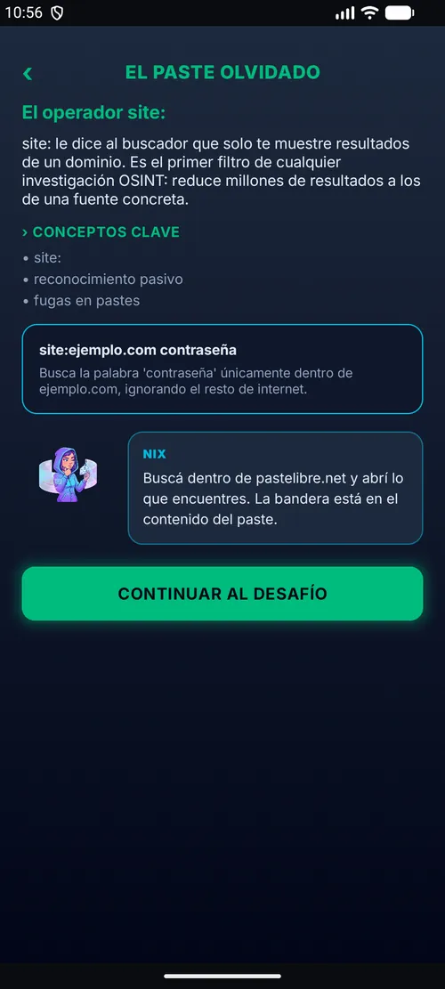 Una lección sobre el operador de búsqueda site:, con un ejemplo resuelto y el botón para pasar al desafío